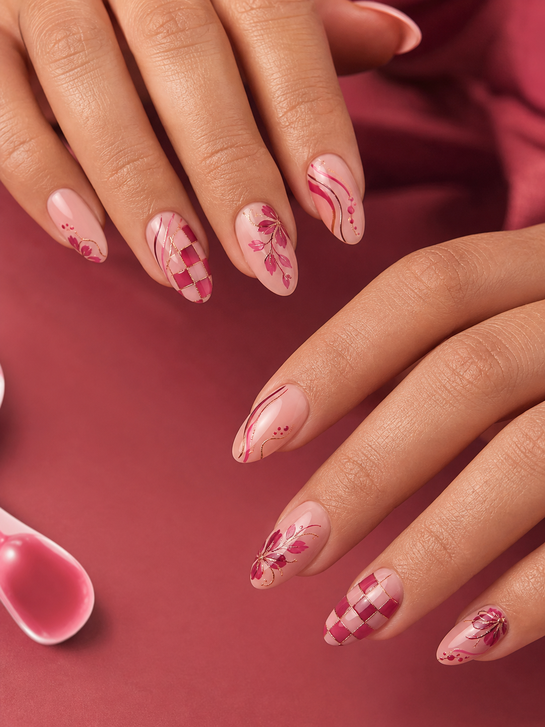 Pink hand-painted floral and checker nail art